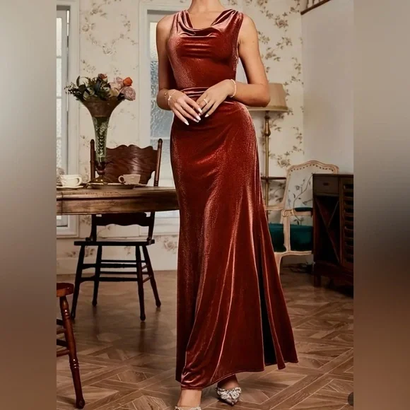 Brownish Red Velvet Cowl Neck Maxi Dress - Picture 2 of 7